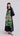 Front view of women’s one-shoulder silk dress with hydrangea brush print and draped fluid silhouette.